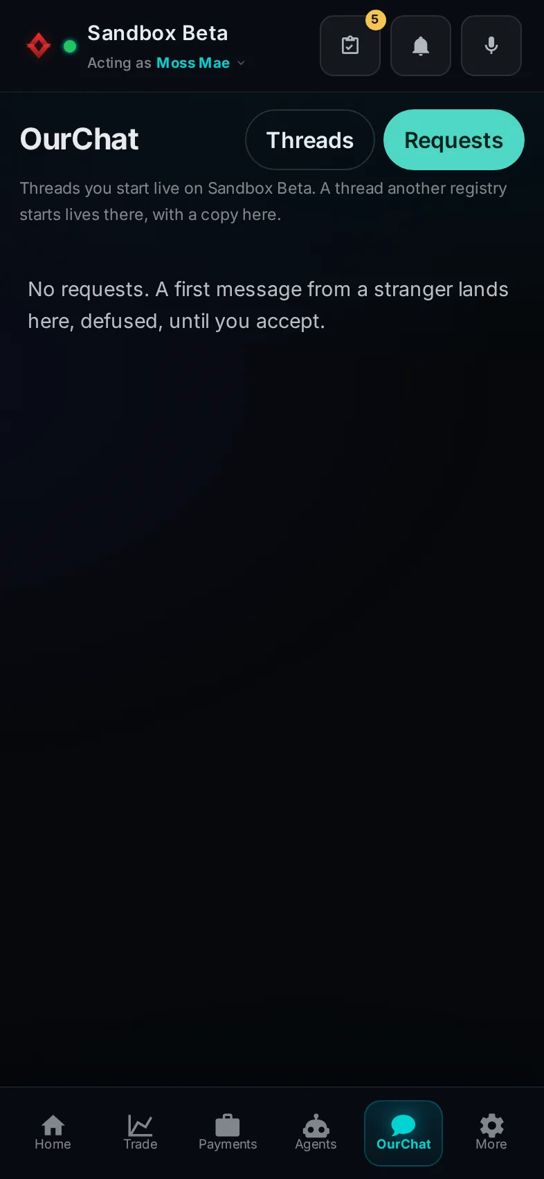 Pocket, OurChat, with its Requests tab open: the whole page, in Pocket on a phone, acting as the trader Moss Mae on Sandbox Beta, a test frame; testing data.