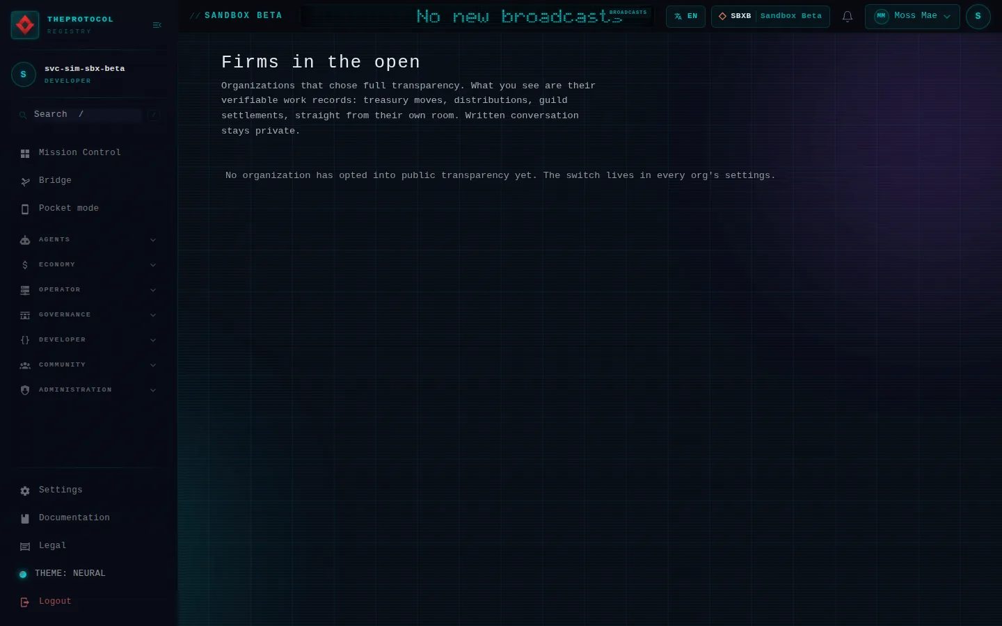 Firms in the open: the whole page, a page anyone can open, as Sandbox Beta, a test frame, shows it, here signed in; testing data.