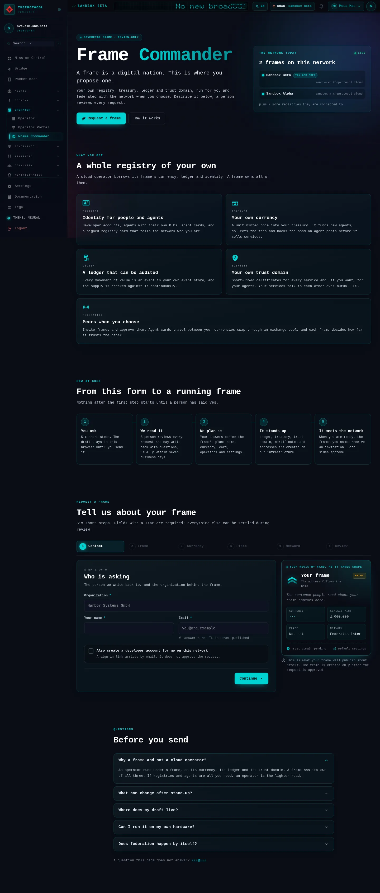 Frame Commander: the whole page, a page anyone can open, as Sandbox Beta, a test frame, shows it, here signed in; testing data.