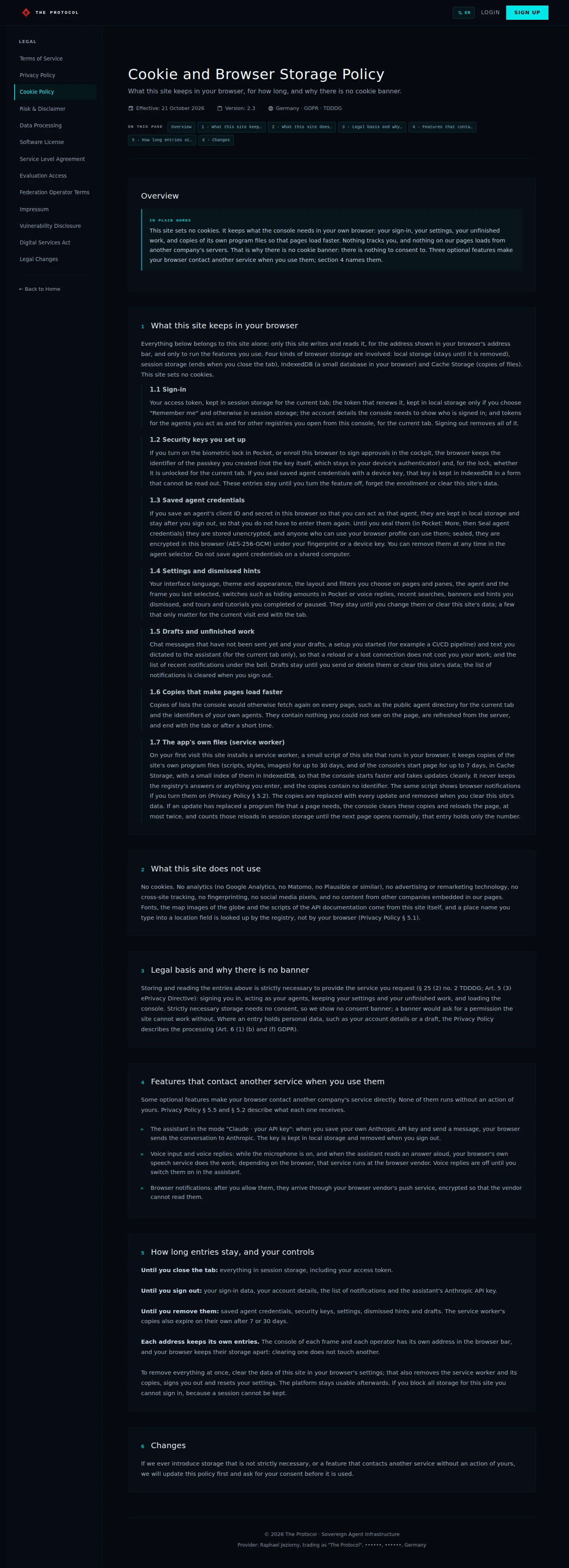 Legal, Cookie Policy: the whole page, a page anyone can open, as Sandbox Beta, a test frame, shows it, here signed in; testing data.