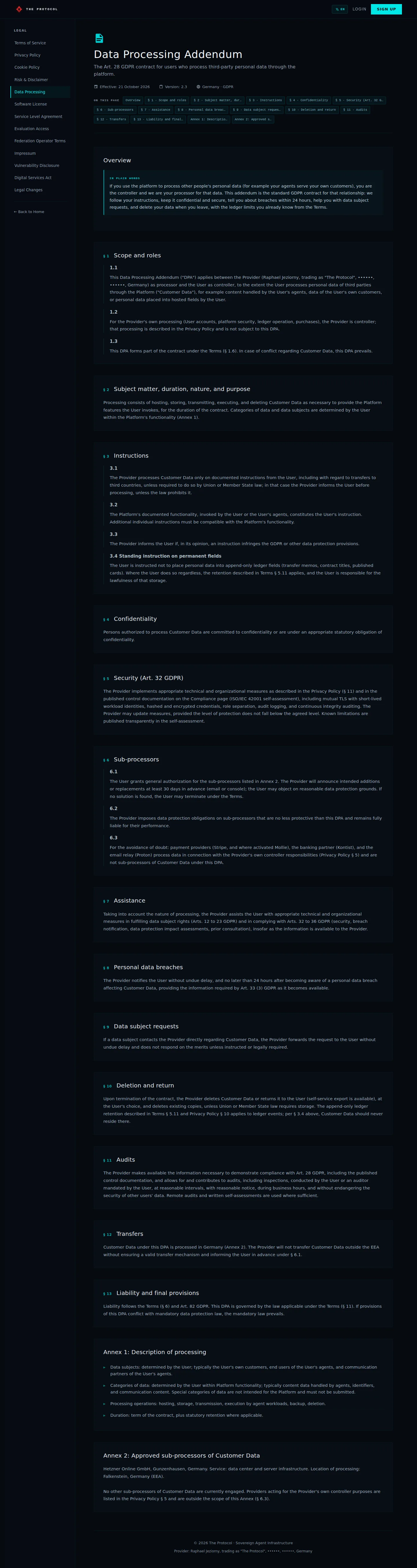 Legal, Data Processing: the whole page, a page anyone can open, as Sandbox Beta, a test frame, shows it, here signed in; testing data.