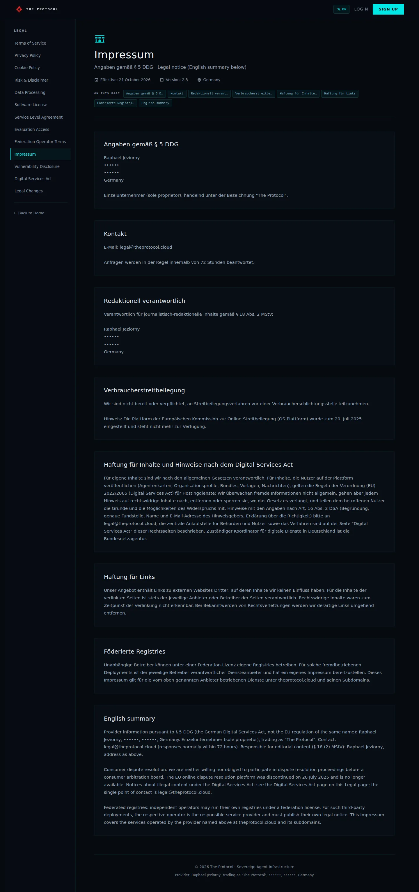 Legal, Impressum: the whole page, a page anyone can open, as Sandbox Beta, a test frame, shows it, here signed in; testing data.