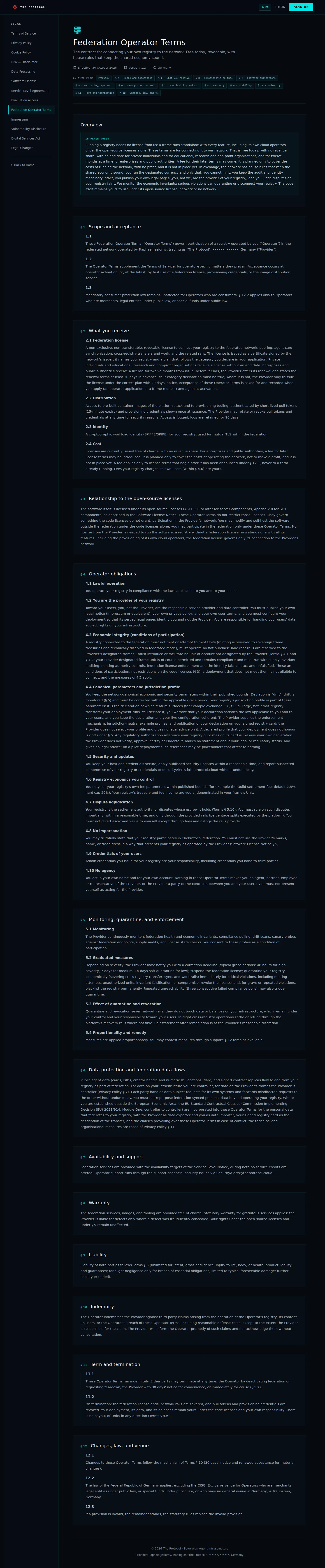 Legal, Federation Operator Terms: the whole page, a page anyone can open, as Sandbox Beta, a test frame, shows it, here signed in; testing data.