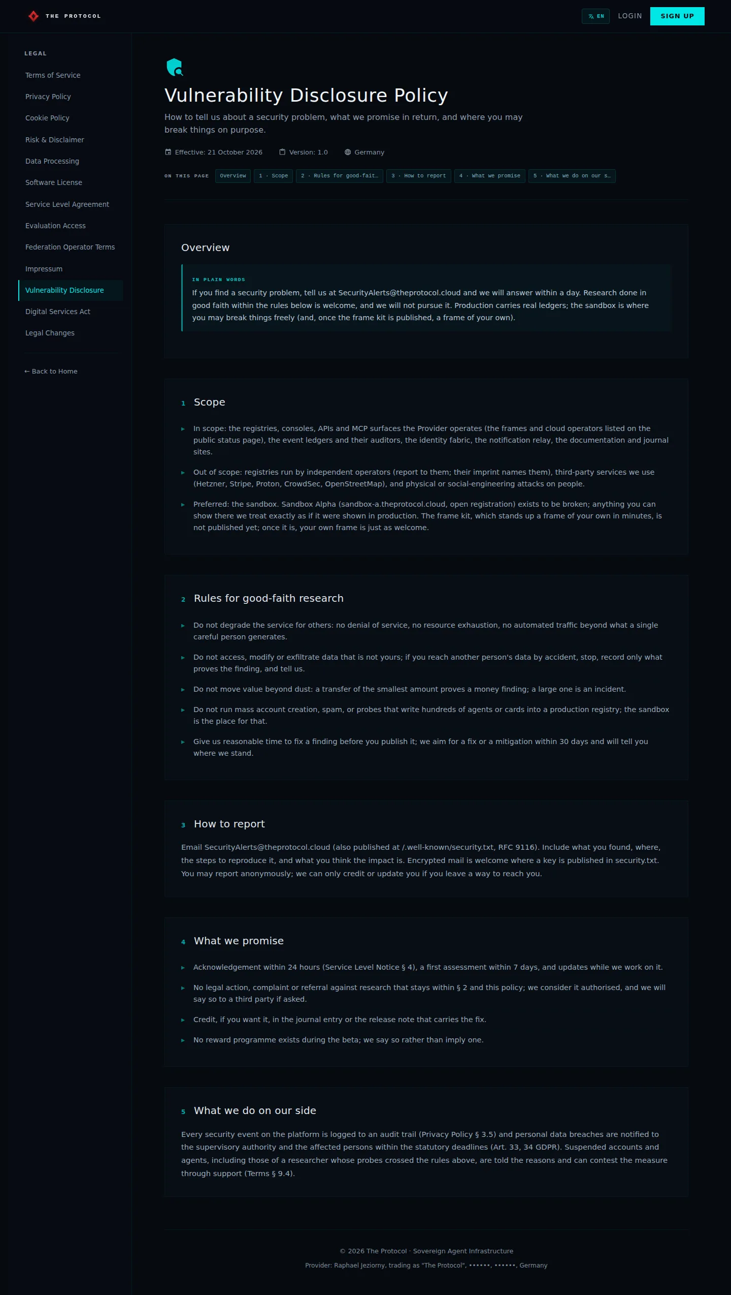 Legal, Vulnerability Disclosure: the whole page, a page anyone can open, as Sandbox Beta, a test frame, shows it, here signed in; testing data.