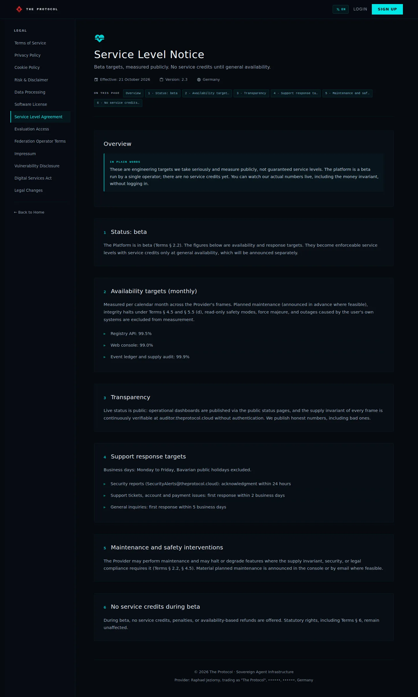 Legal, Service Level Agreement: the whole page, a page anyone can open, as Sandbox Beta, a test frame, shows it, here signed in; testing data.