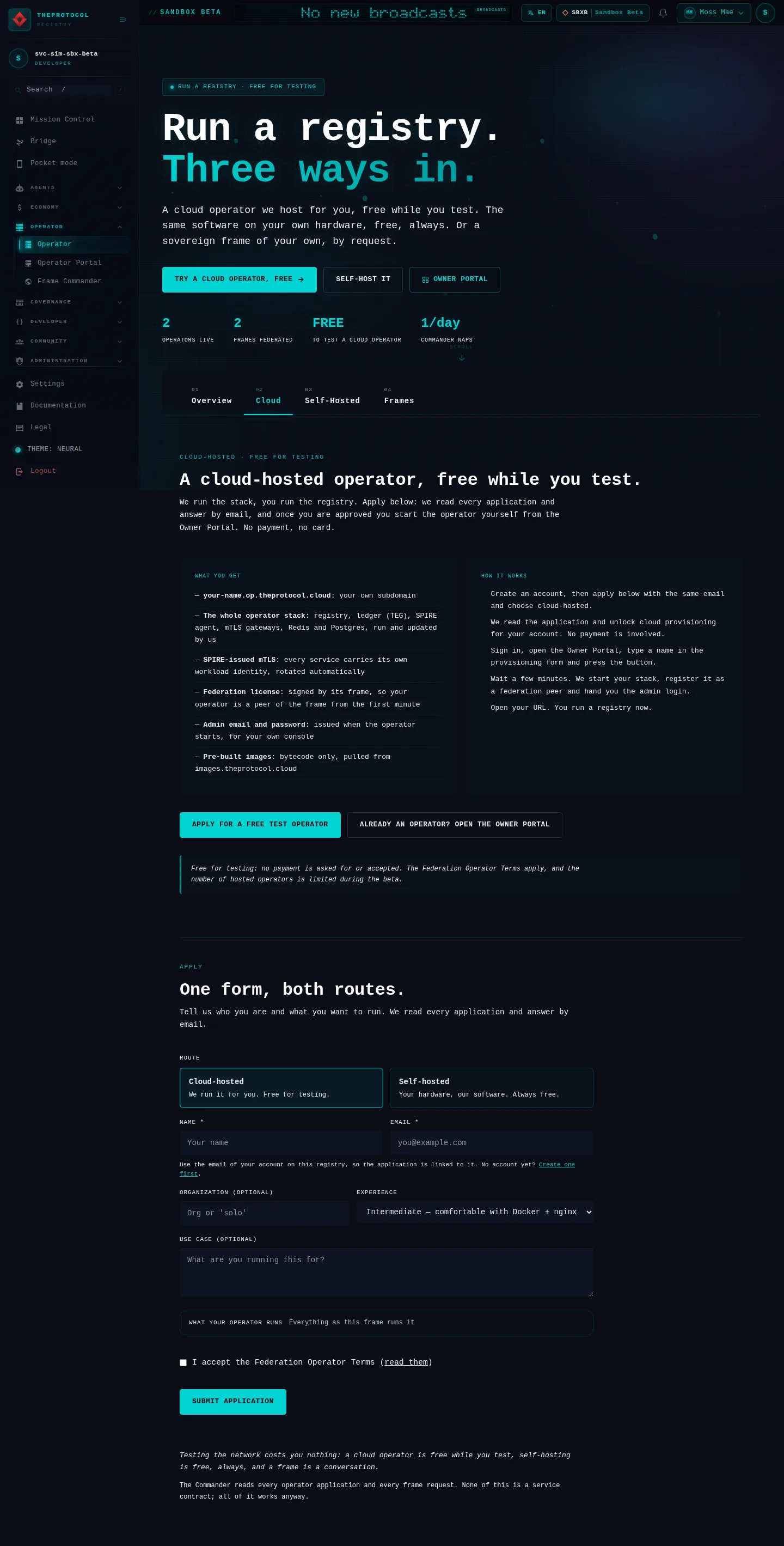 Operator, with its 02 Cloud tab open: the whole page, a page anyone can open, as Sandbox Beta, a test frame, shows it, here signed in; testing data.
