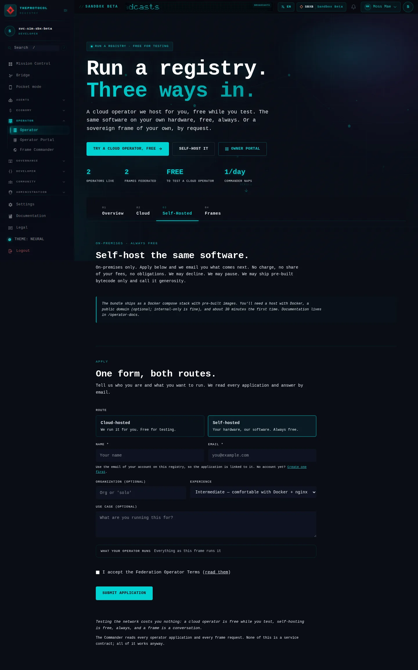 Operator, with its 03 Self-Hosted tab open: the whole page, a page anyone can open, as Sandbox Beta, a test frame, shows it, here signed in; testing data.