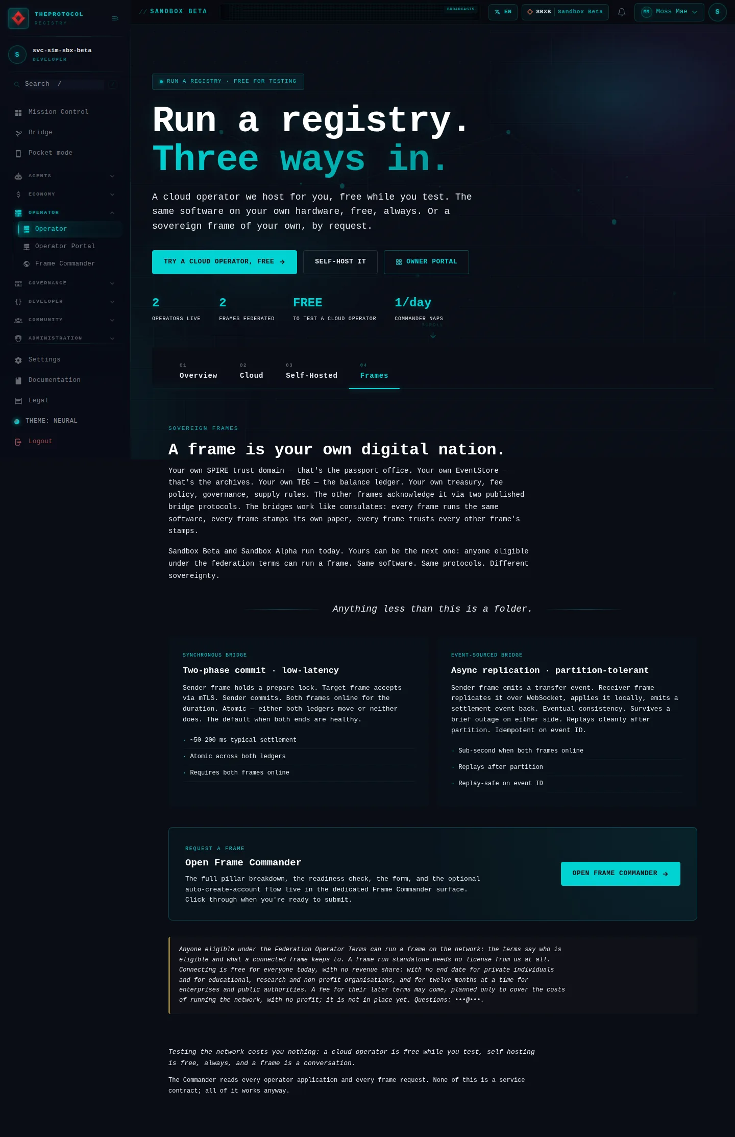 Operator, with its 04 Frames tab open: the whole page, a page anyone can open, as Sandbox Beta, a test frame, shows it, here signed in; testing data.