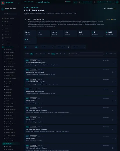 Broadcasts: the top of the console page /admin/broadcasts, open for the whole page