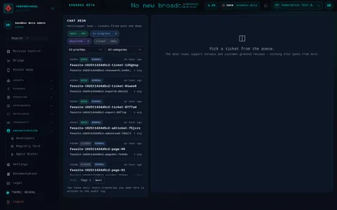 Chat Desk: the top of the console page /admin/chatdesk, open for the whole page