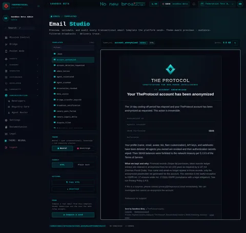 Email Studio: the top of the console page /admin/email, open for the whole page