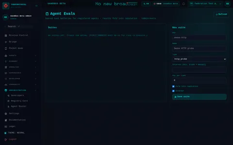 Agent Evals: the top of the console page /admin/evals, open for the whole page