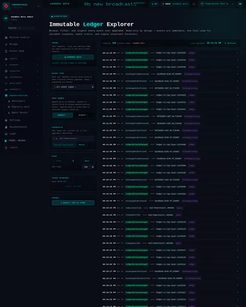 EventStore Explorer: the top of the console page /admin/events, open for the whole page