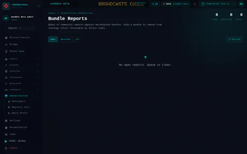 Marketplace Moderation: the top of the console page /admin/marketplace, open for the whole page