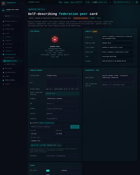 Registry Card v0.3: the top of the console page /admin/registry-card, open for the whole page
