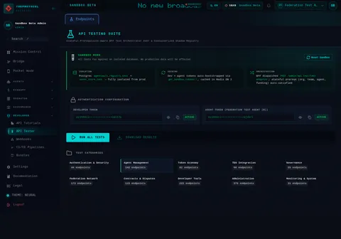 API Testing Suite: the top of the console page /api-tester, open for the whole page