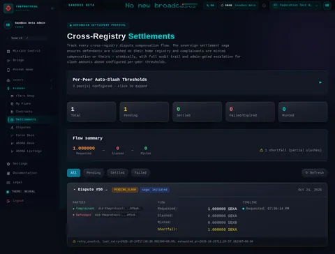 Cross-Registry Settlements: the top of the console page /settlements, open for the whole page