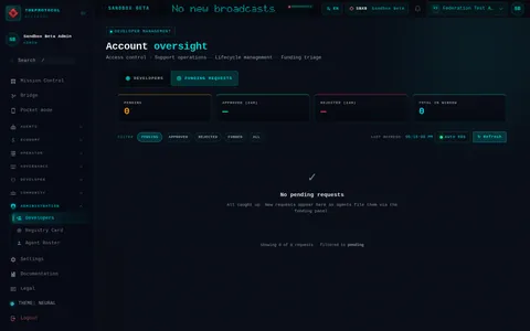 Developer Management · ◎ FUNDING REQUESTS: the top of the console page /admin/developers, open for the whole page