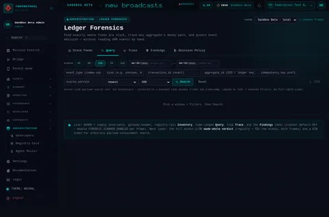 Ledger Forensics · Query: the top of the console page /admin/forensics, open for the whole page