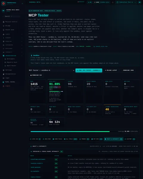 MCP Tester · DRIFT & INTEGRITY 46: the top of the console page /admin/mcp-tester, open for the whole page
