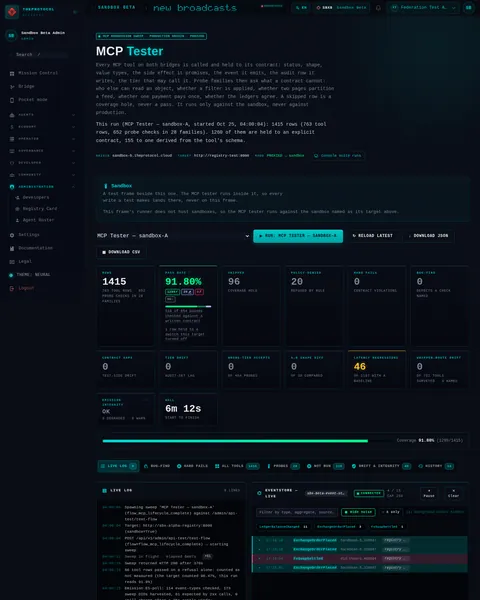 MCP Tester · LIVE LOG 9: the top of the console page /admin/mcp-tester, open for the whole page
