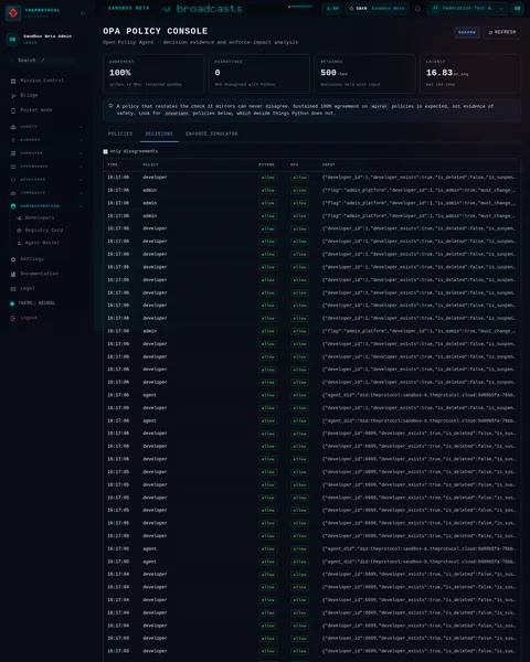 OPA · DECISIONS: the top of the console page /admin/opa, open for the whole page
