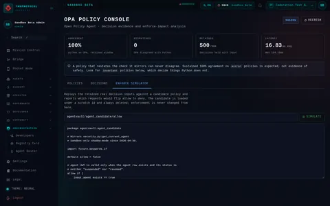 OPA · ENFORCE SIMULATOR: the top of the console page /admin/opa, open for the whole page
