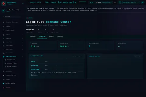 EigenTrust Command · TELEMETRY: the top of the console page /eigentrust-command, open for the whole page