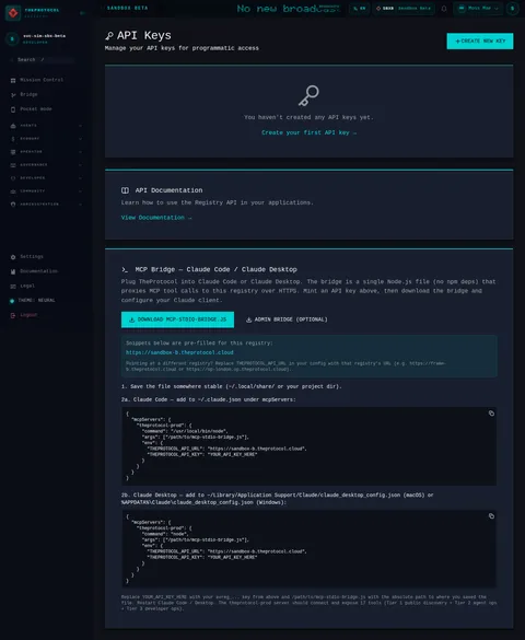 Api keys: the top of the console page /api-keys, open for the whole page