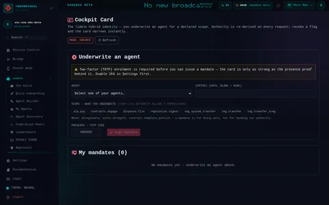Cockpit Card: the top of the console page /cockpit, open for the whole page
