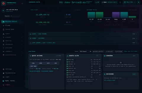 Mission control: the top of the console page /mission-control, open for the whole page