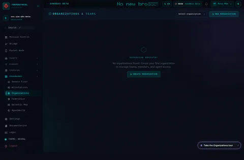 Organizations & Teams: the top of the console page /organization, open for the whole page