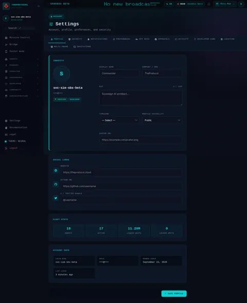 settings: the top of the console page /settings, open for the whole page