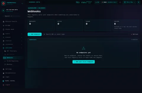 Webhook Management: the top of the console page /webhooks, open for the whole page