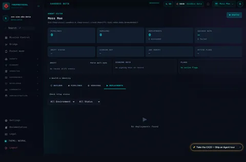 CI/CD Management · ▶ DEPLOYMENTS: the top of the console page /agent/did:theprotocol:sandbox-b.theprotocol.cloud:d49ccffc-52d1-4d59-b8da-8e44c8040dc7/ci-cd, open for the whole page