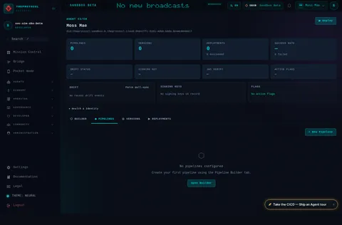 CI/CD Management · ◈ PIPELINES: the top of the console page /agent/did:theprotocol:sandbox-b.theprotocol.cloud:d49ccffc-52d1-4d59-b8da-8e44c8040dc7/ci-cd, open for the whole page