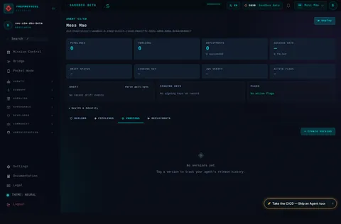 CI/CD Management · ◎ VERSIONS: the top of the console page /agent/did:theprotocol:sandbox-b.theprotocol.cloud:d49ccffc-52d1-4d59-b8da-8e44c8040dc7/ci-cd, open for the whole page