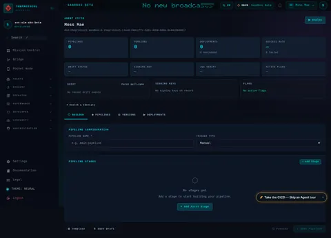 CI/CD Management: the top of the console page /agent/did:theprotocol:sandbox-b.theprotocol.cloud:d49ccffc-52d1-4d59-b8da-8e44c8040dc7/ci-cd, open for the whole page
