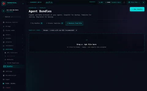 Agent Bundles · Restore from File: the top of the console page /bundles, open for the whole page
