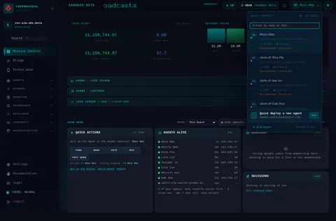 Mission control · the agent picker opened: the top of the console page /mission-control, open for the whole page