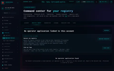 Operator Portal · HEALTH & DRIFT: the top of the console page /operator-portal, open for the whole page