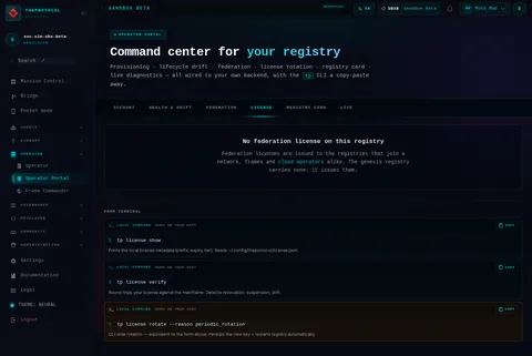 Operator Portal · LICENSE: the top of the console page /operator-portal, open for the whole page