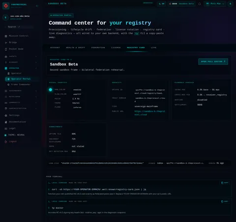 Operator Portal · REGISTRY CARD: the top of the console page /operator-portal, open for the whole page