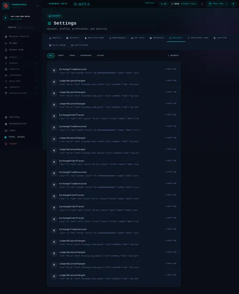 settings · ACTIVITY: the top of the console page /settings, open for the whole page