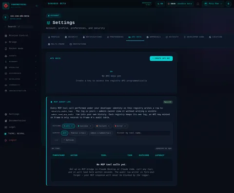 settings · API KEYS: the top of the console page /settings, open for the whole page