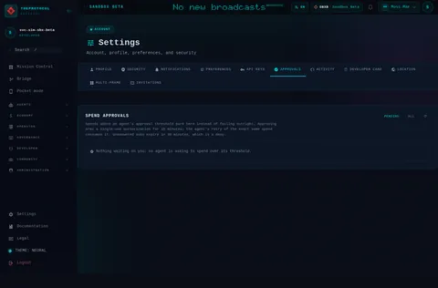 settings · APPROVALS: the top of the console page /settings, open for the whole page