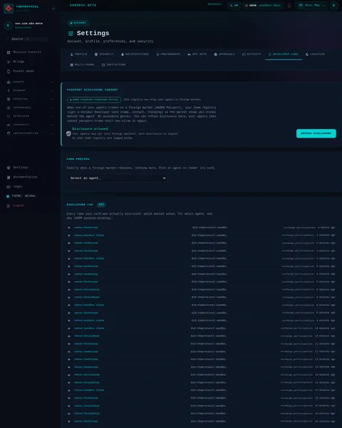 settings · DEVELOPER CARD: the top of the console page /settings, open for the whole page