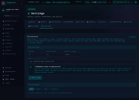 settings · INVITATIONS: the top of the console page /settings, open for the whole page