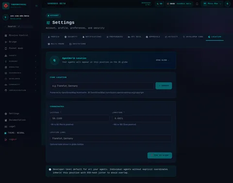 settings · LOCATION: the top of the console page /settings, open for the whole page