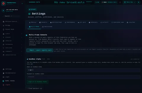 settings · MULTI-FRAME: the top of the console page /settings, open for the whole page